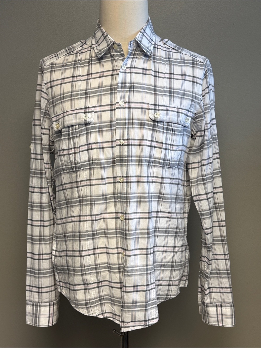 BOSS Orange Plaid Button Front Shirt Men's Large Gray White Stretch Cotton